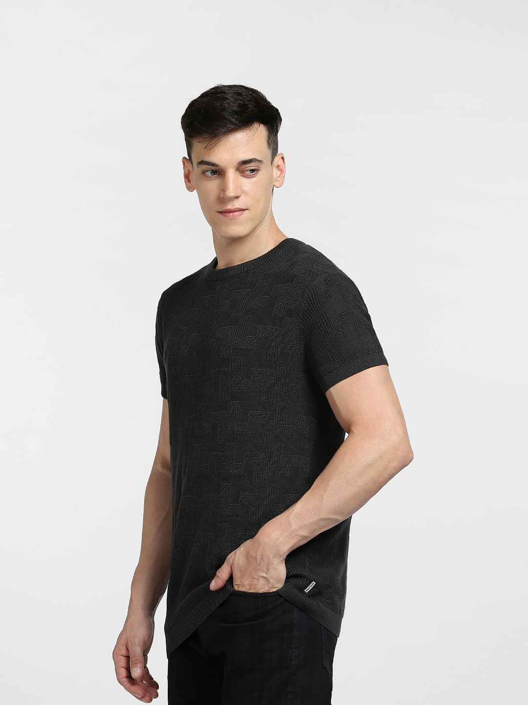 BLACK KNIT CREW NECK T-SHIRT