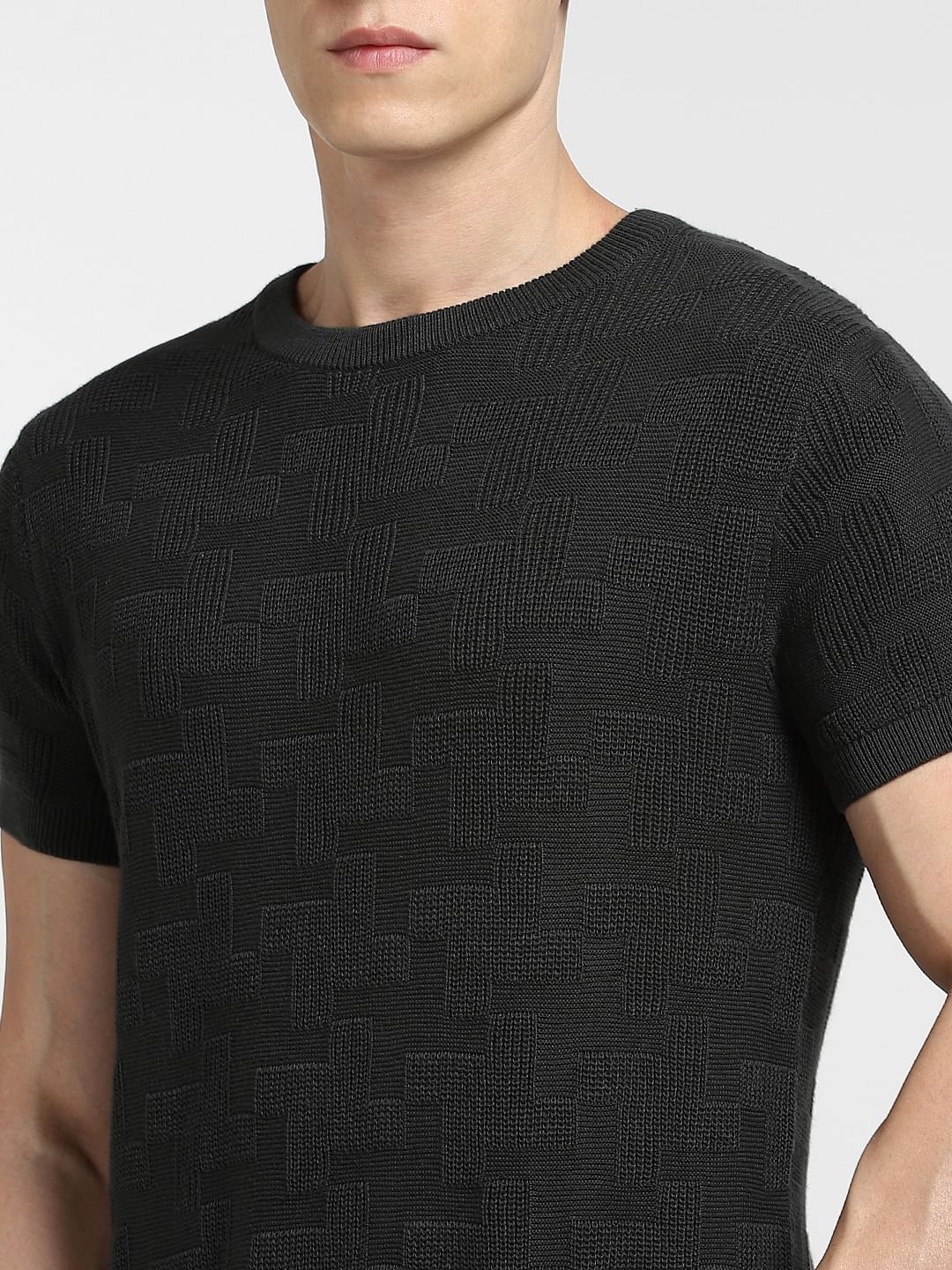 BLACK KNIT CREW NECK T-SHIRT