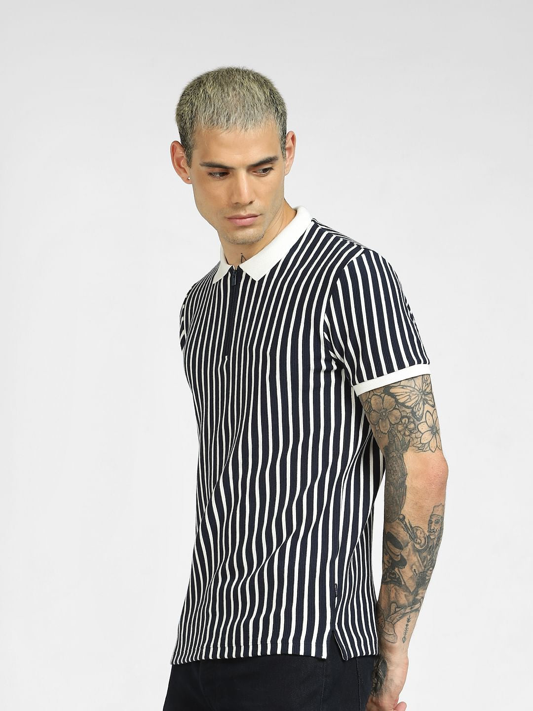 Navy Blue Striped Polo Neck T-shirt
