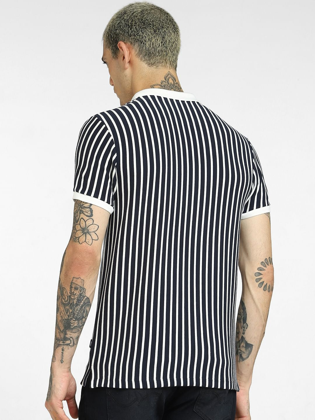 Navy Blue Striped Polo Neck T-shirt