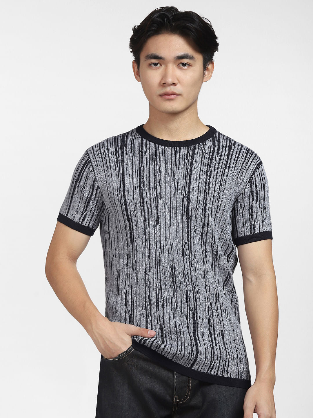 Navy Blue Printed Knit T-shirt