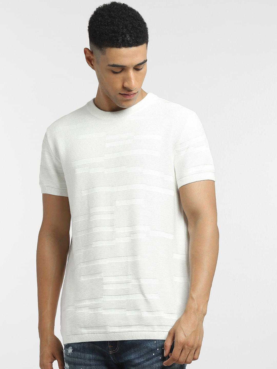 White Textured Knitted T-shirt