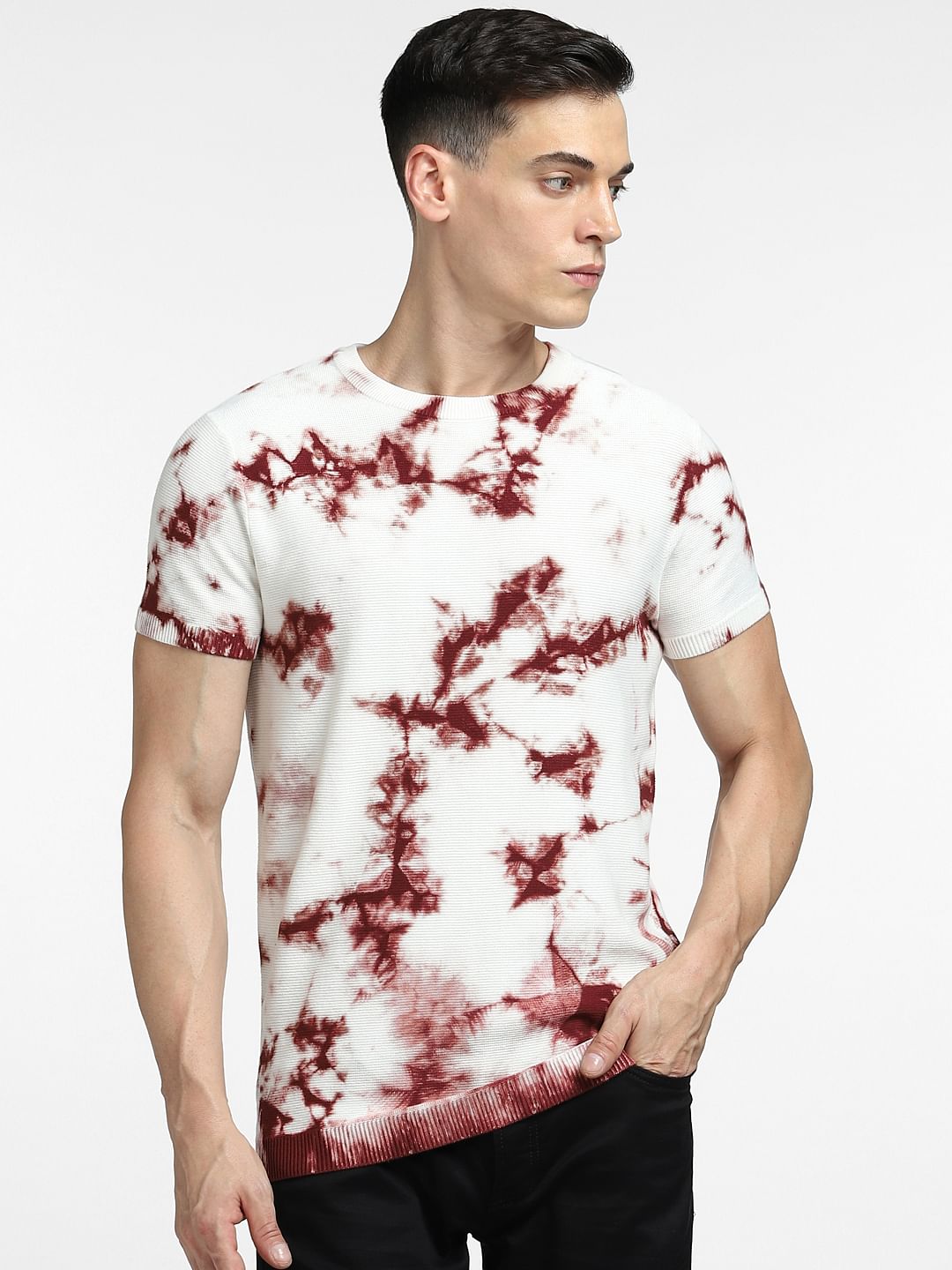 BROWN TIE DYE KNIT CREW NECK T-SHIRT