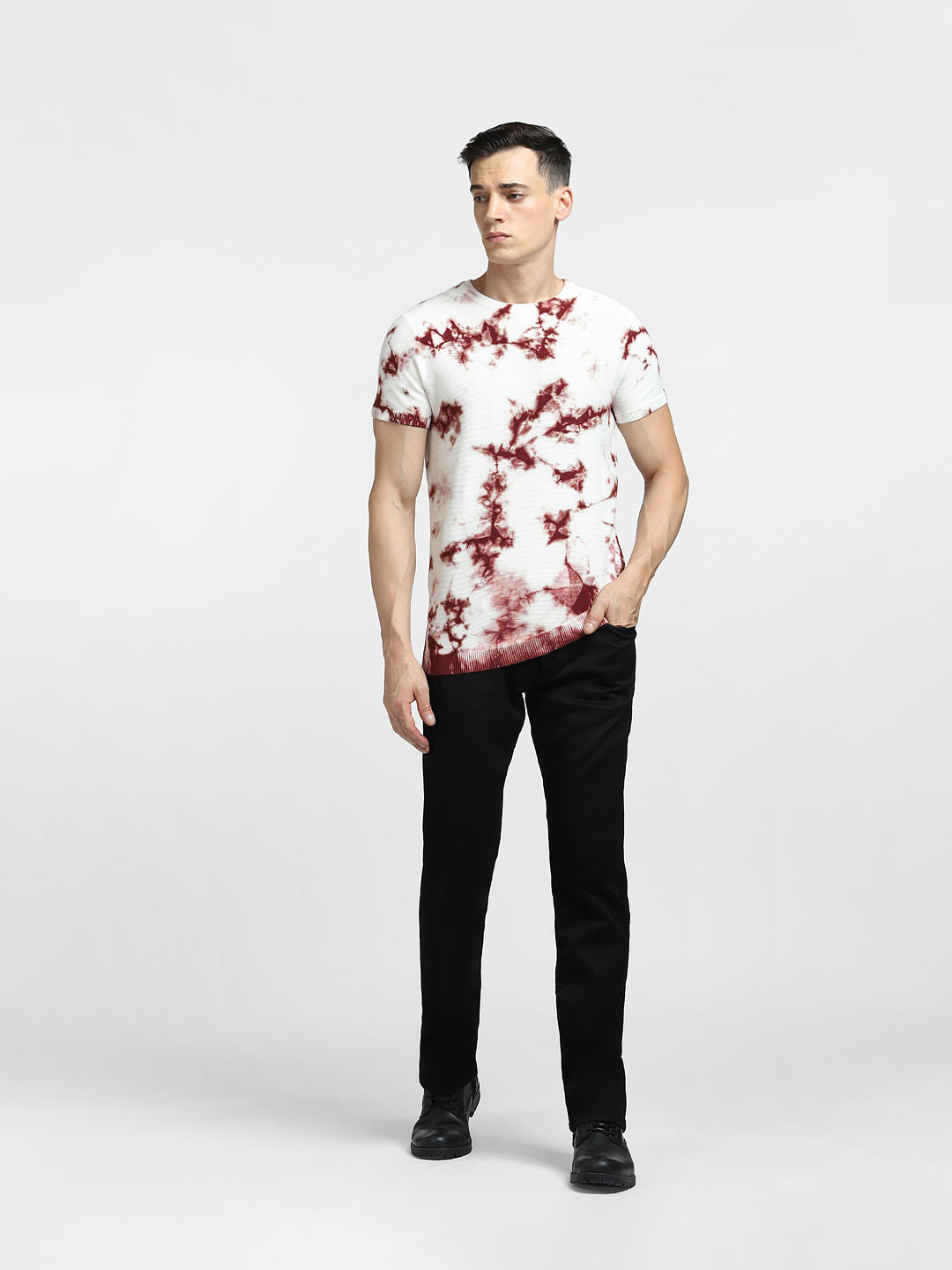 BROWN TIE DYE KNIT CREW NECK T-SHIRT