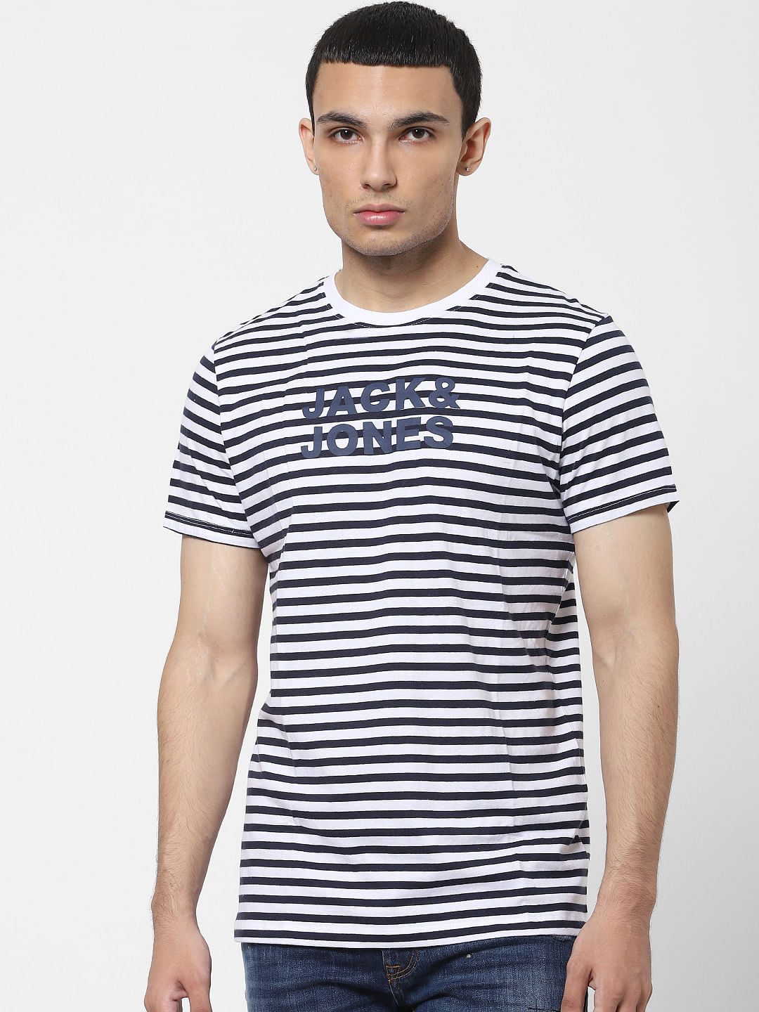 Navy Blue Striped Crew Neck T-shirt