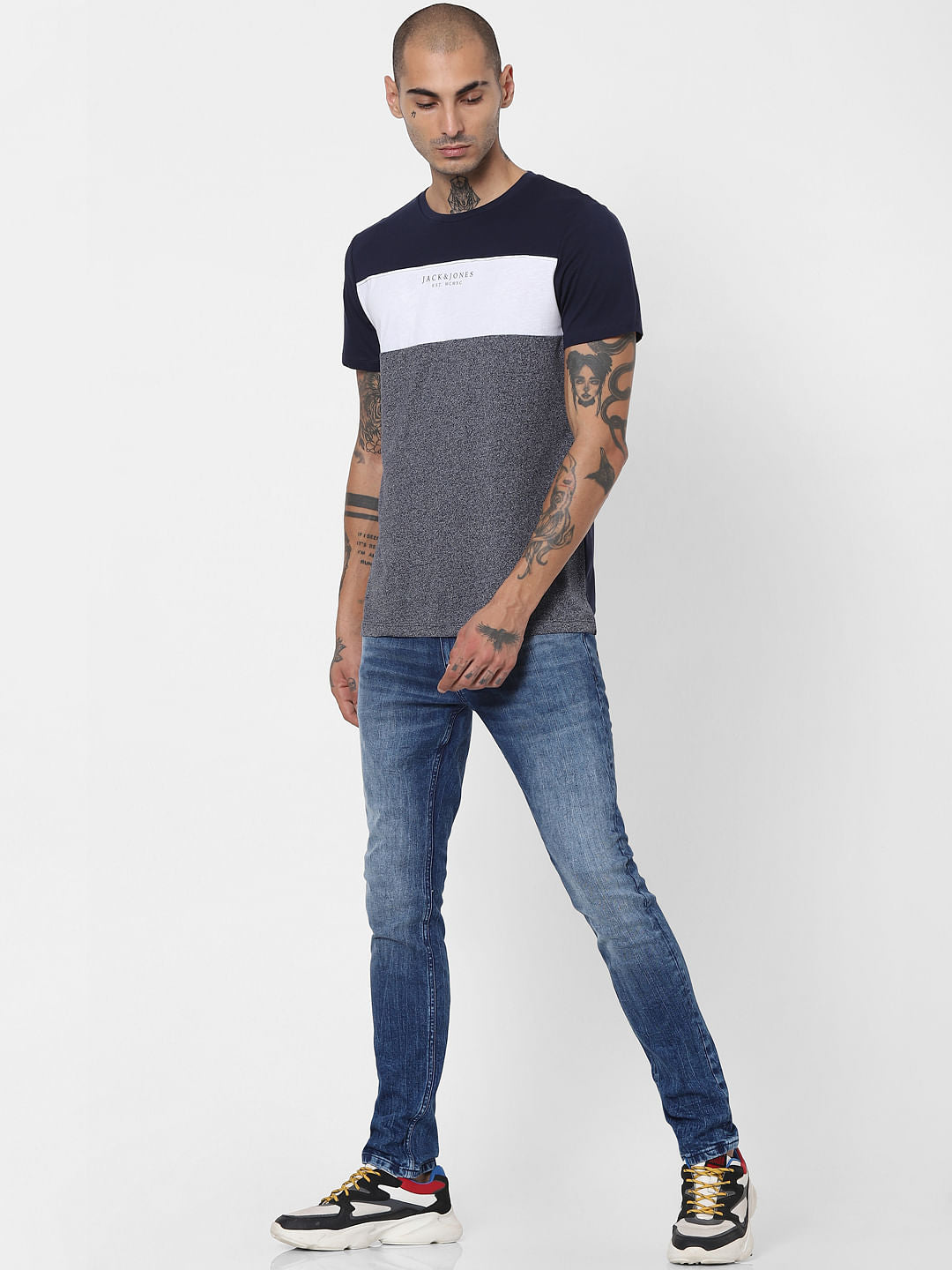 Blue Colourblocked Crew Neck T-shirt