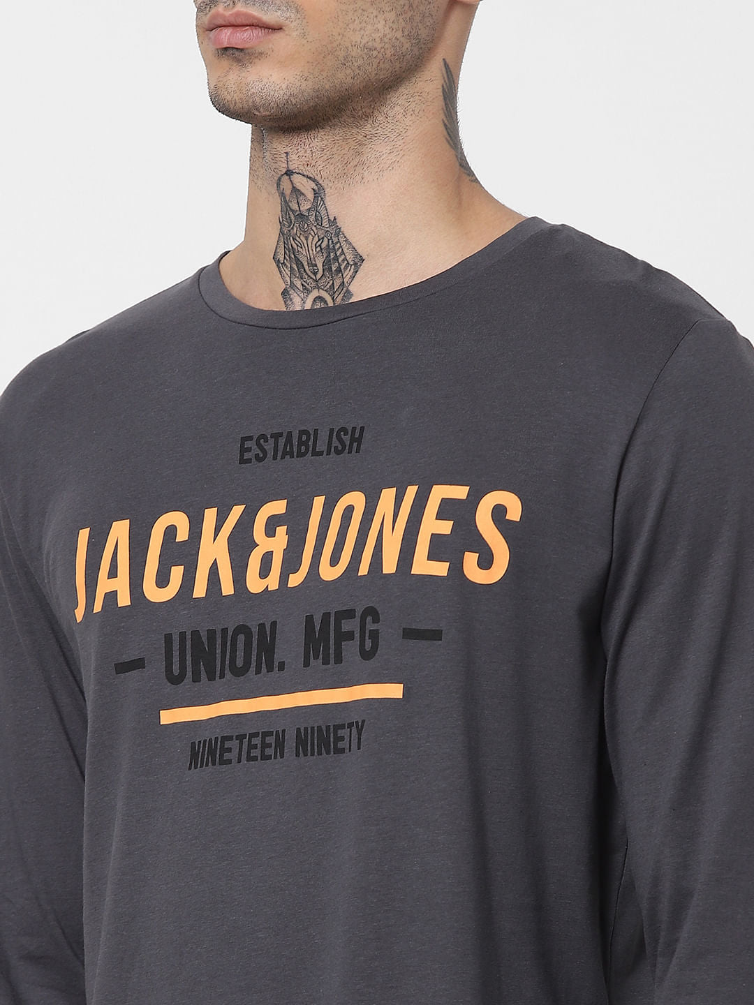 Grey Logo Print Full Sleeves Crew Neck T-shirt