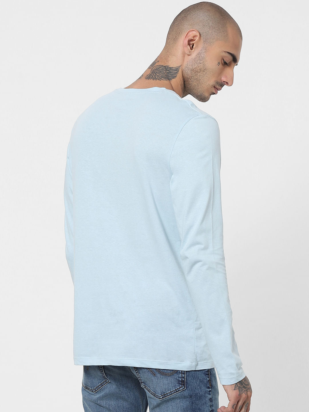 Light Blue Logo Print Full Sleeves Crew Neck T-shirt