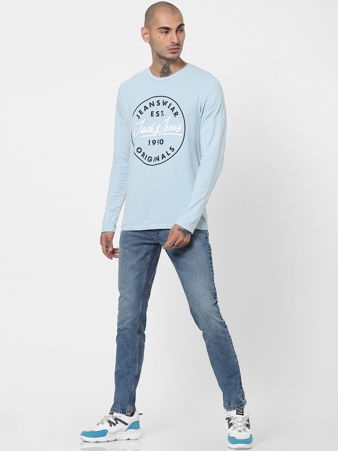 Light Blue Logo Print Full Sleeves Crew Neck T-shirt