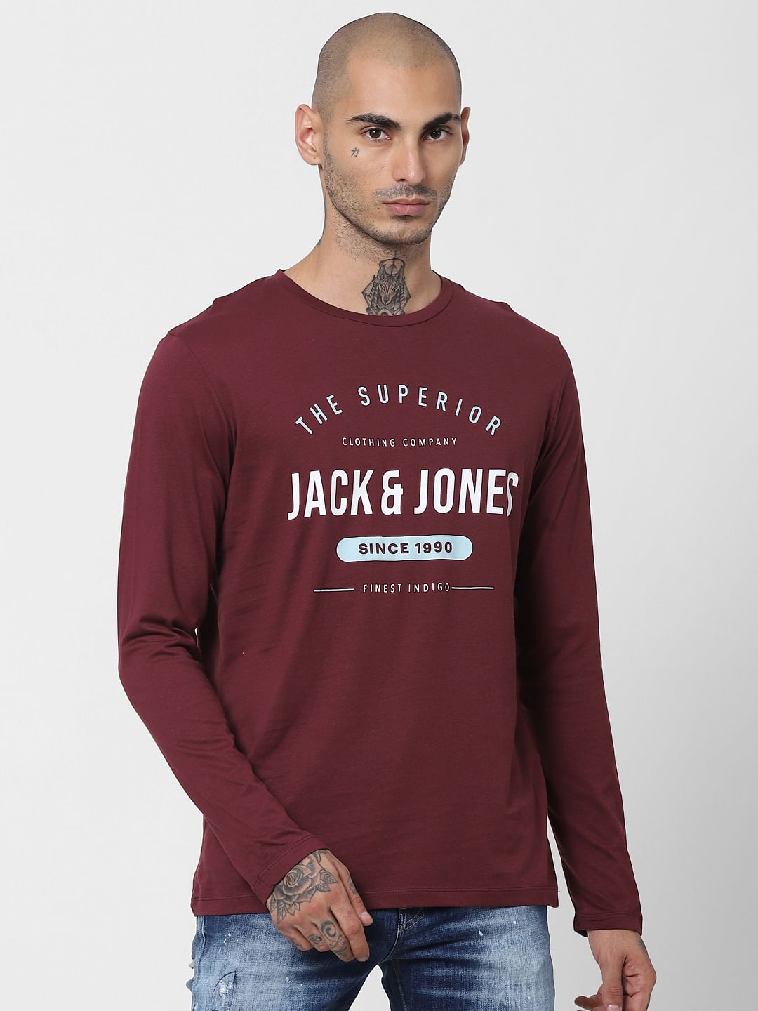 Maroon Logo Print Full Sleeves Crew Neck T-shirt