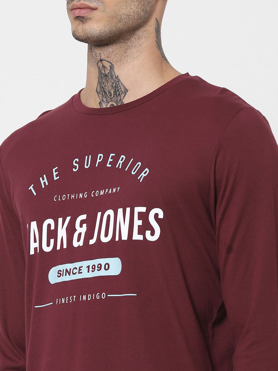 Maroon Logo Print Full Sleeves Crew Neck T-shirt