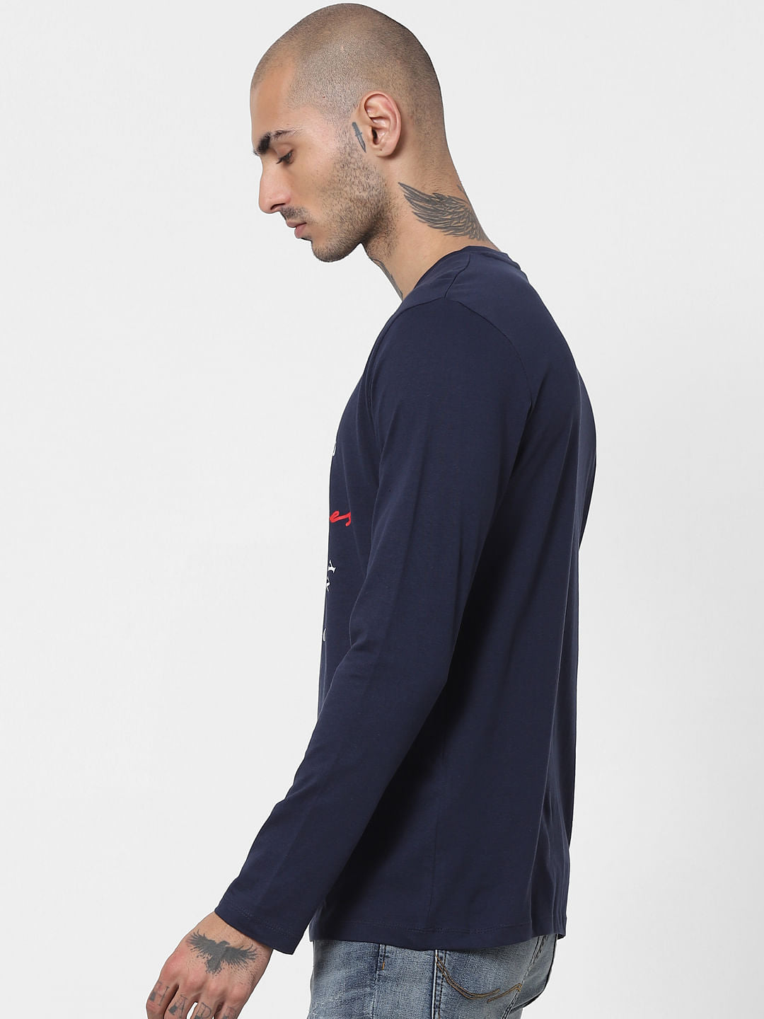 Blue Logo Print Full Sleeves Crew Neck T-shirt