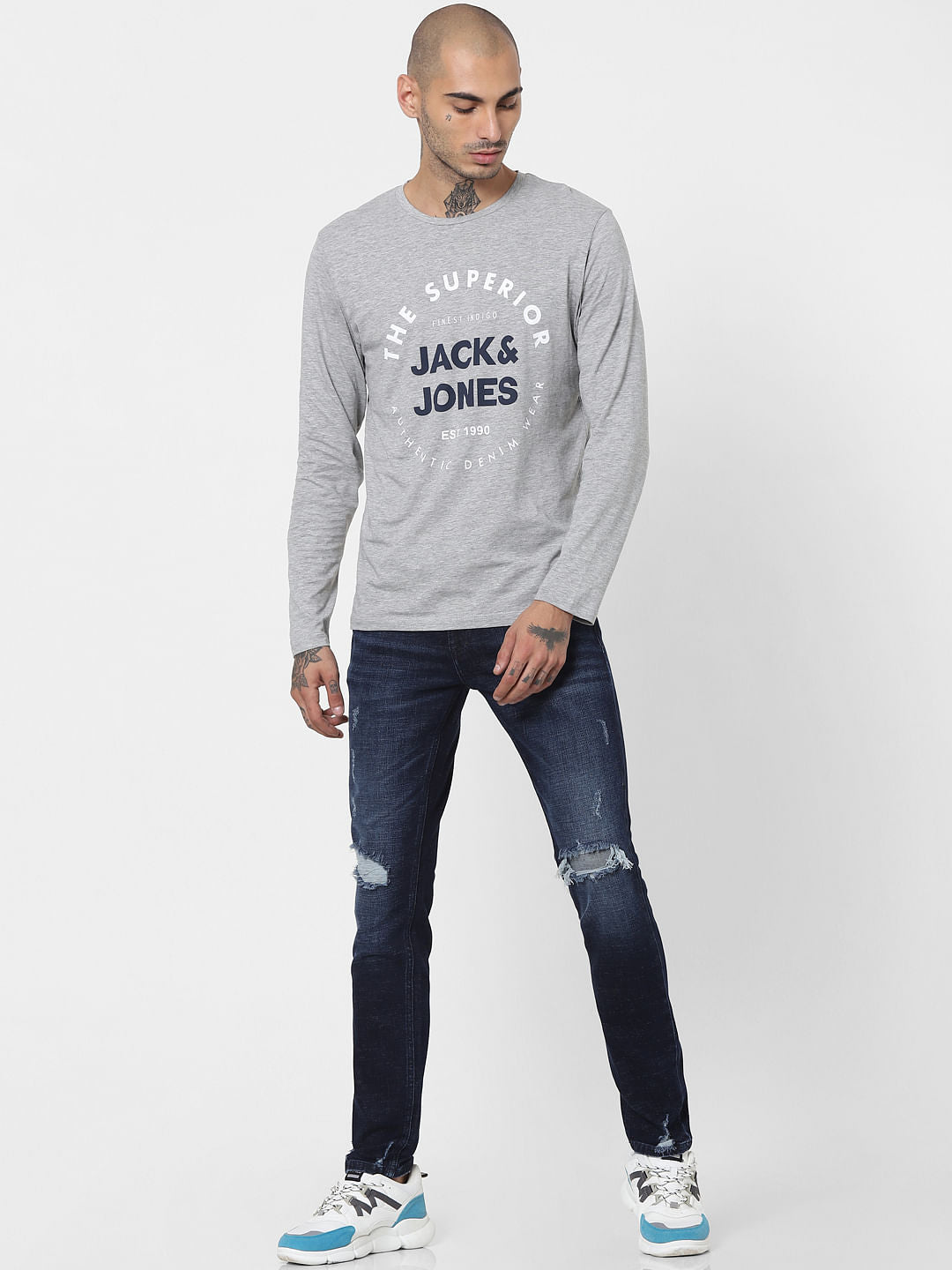 Grey Logo Print Full Sleeves Crew Neck T-shirt