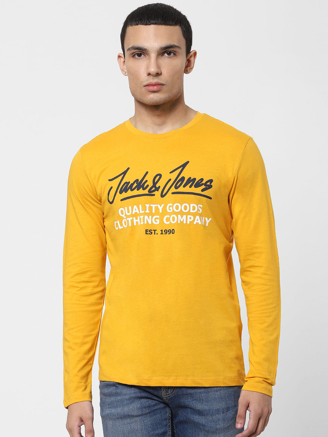Yellow Logo Print Full Sleeves Crew Neck T-shirt
