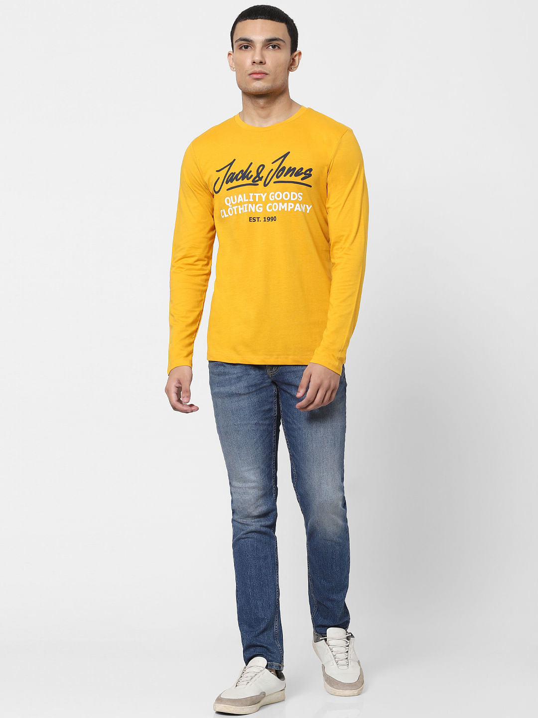 Yellow Logo Print Full Sleeves Crew Neck T-shirt