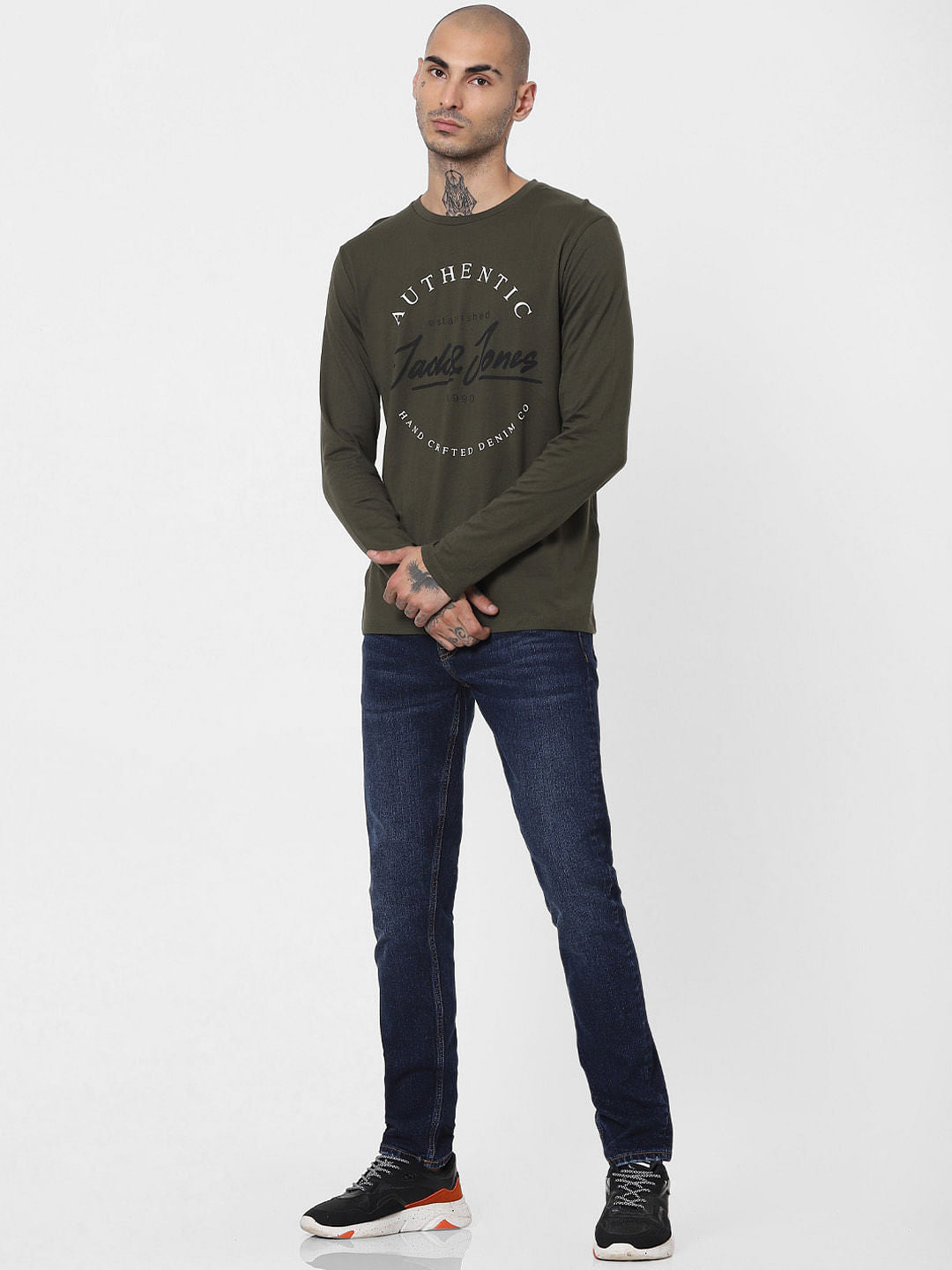 Green Logo Print Full Sleeves Crew Neck T-shirt