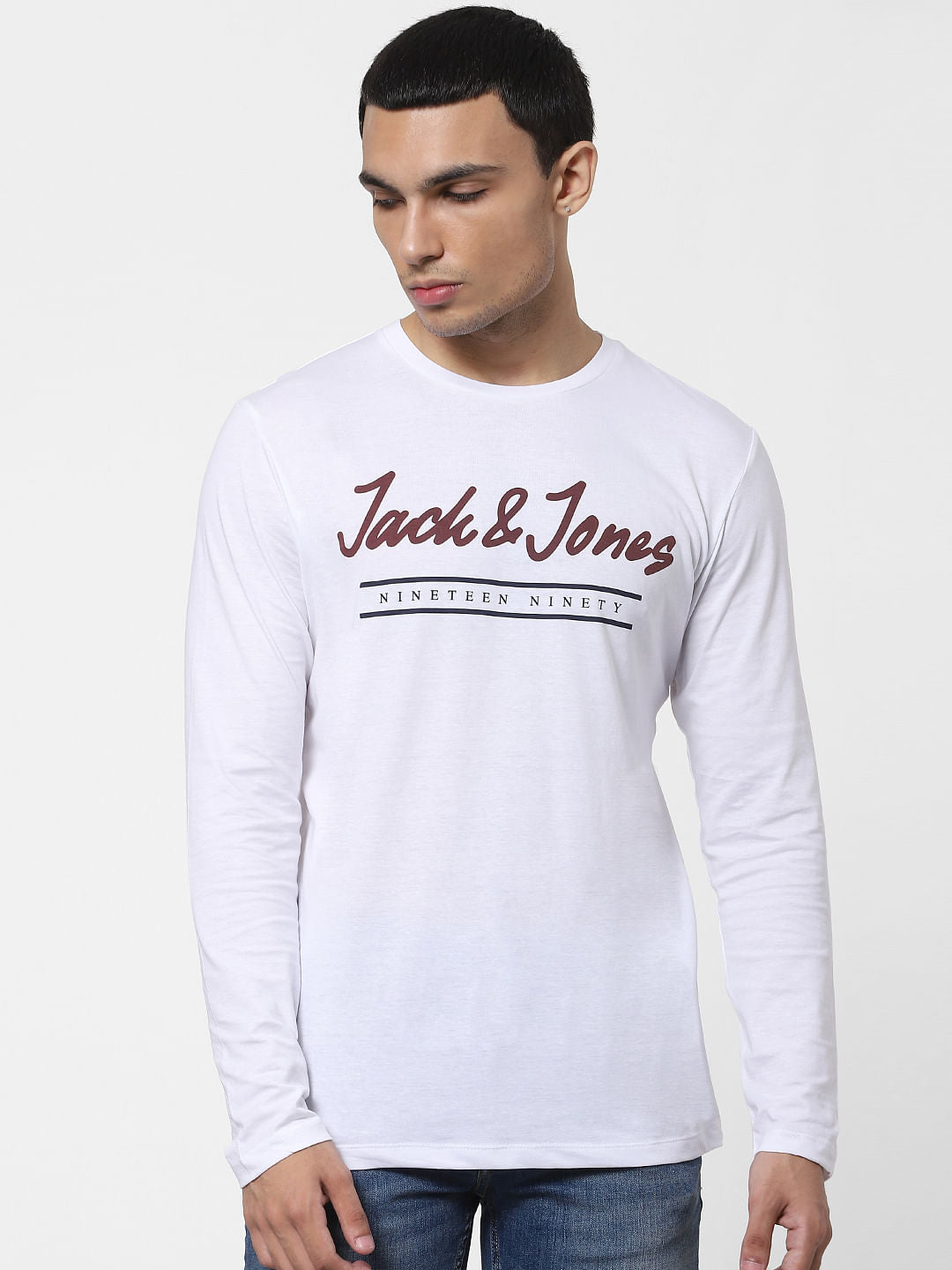 White Logo Print Full Sleeves Crew Neck T-shirt