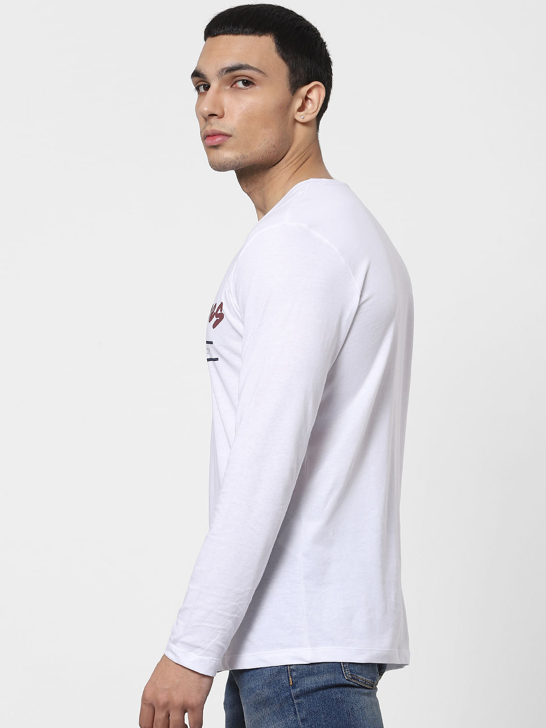 White Logo Print Full Sleeves Crew Neck T-shirt