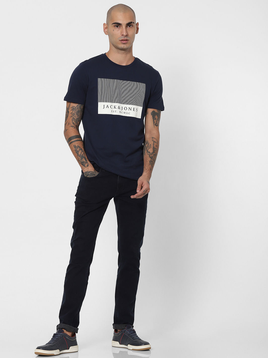 Navy Blue Logo Print Crew Neck T-shirt