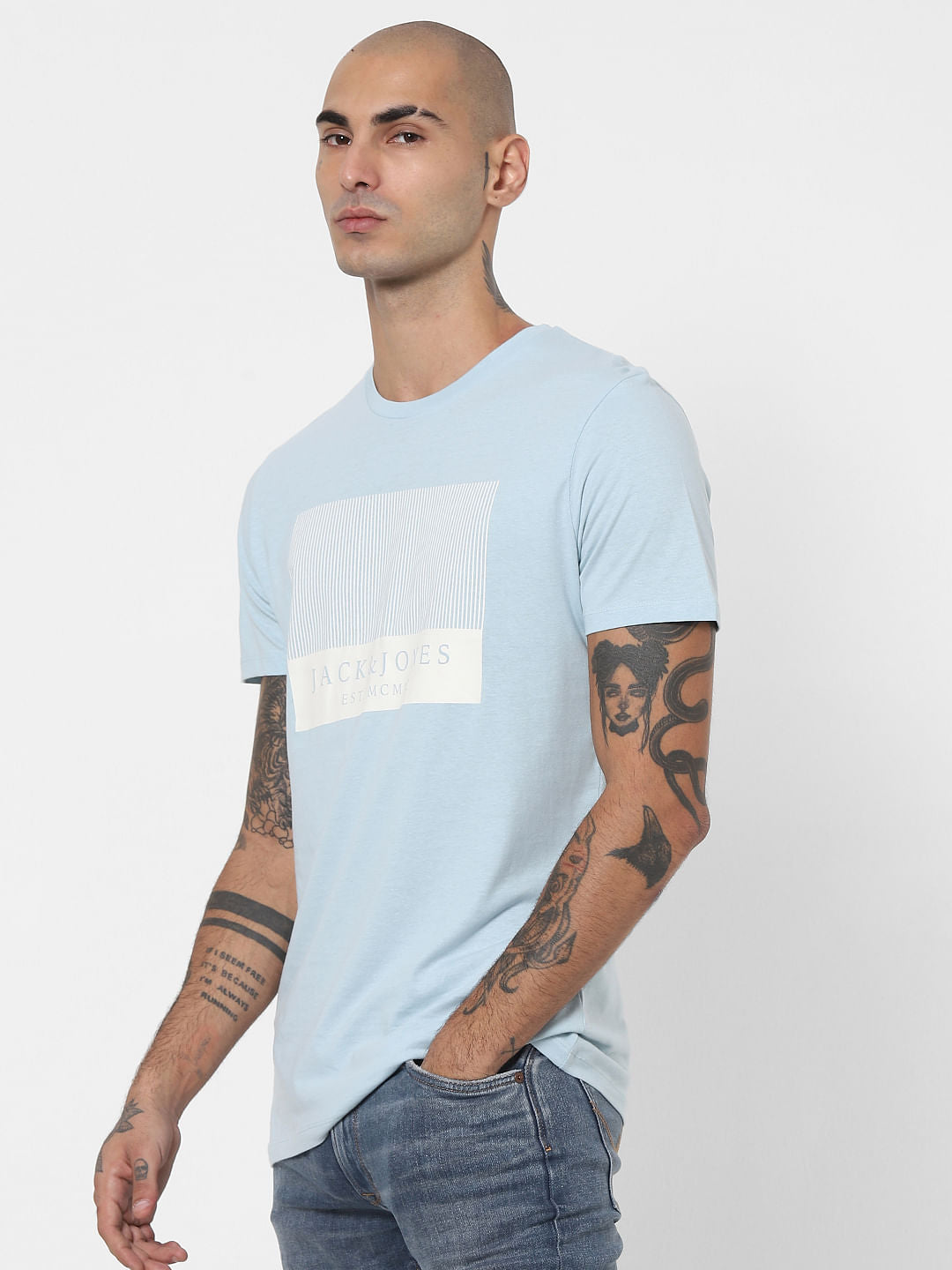 Light Blue Logo Print Crew Neck T-shirt