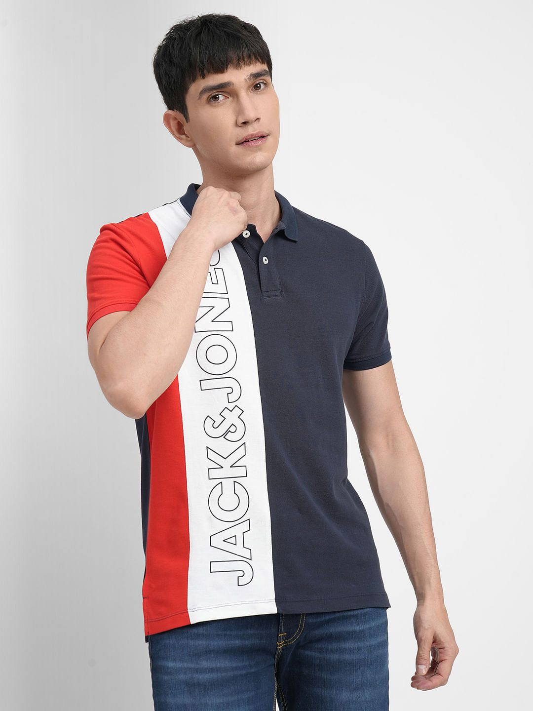 Red Colourblocked Polo Neck T-shirt