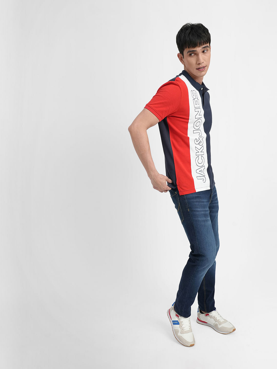 Red Colourblocked Polo Neck T-shirt