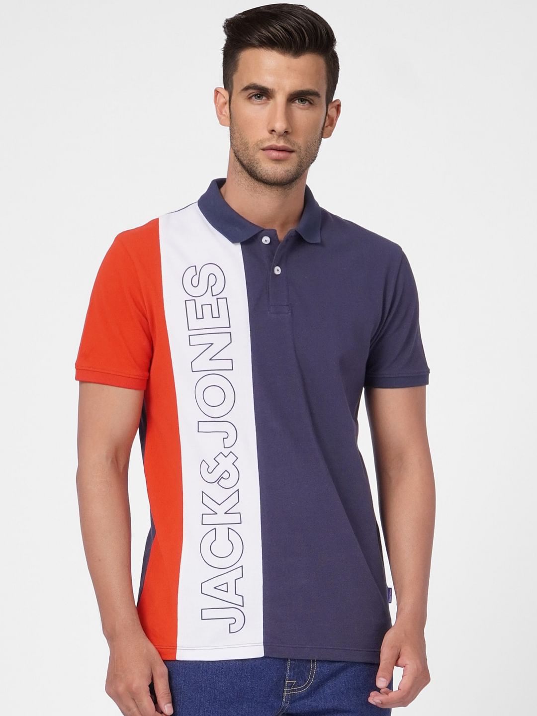 Navy Blue Colourblocked Polo T-shirt