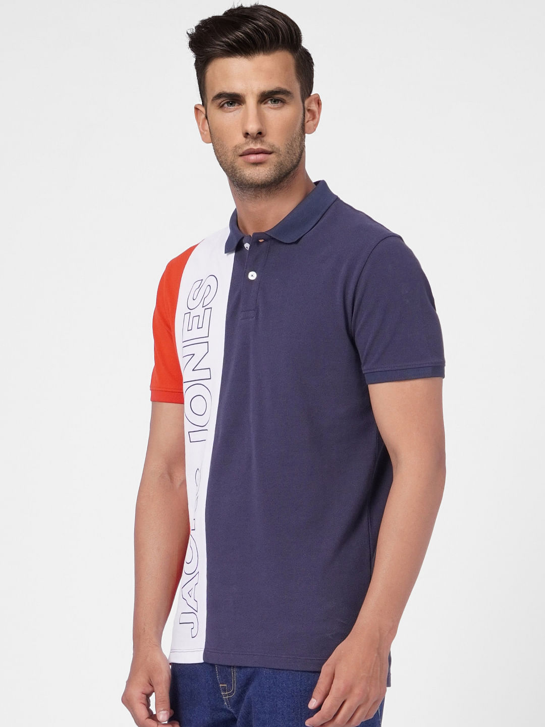 Navy Blue Colourblocked Polo T-shirt