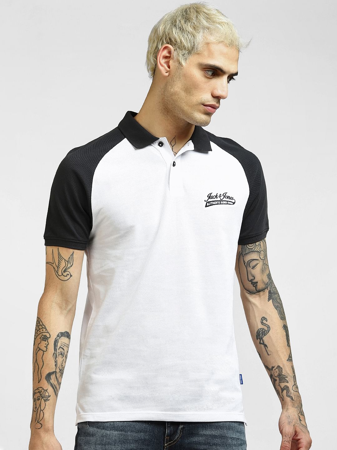 White Colourblocked Polo T-shirt