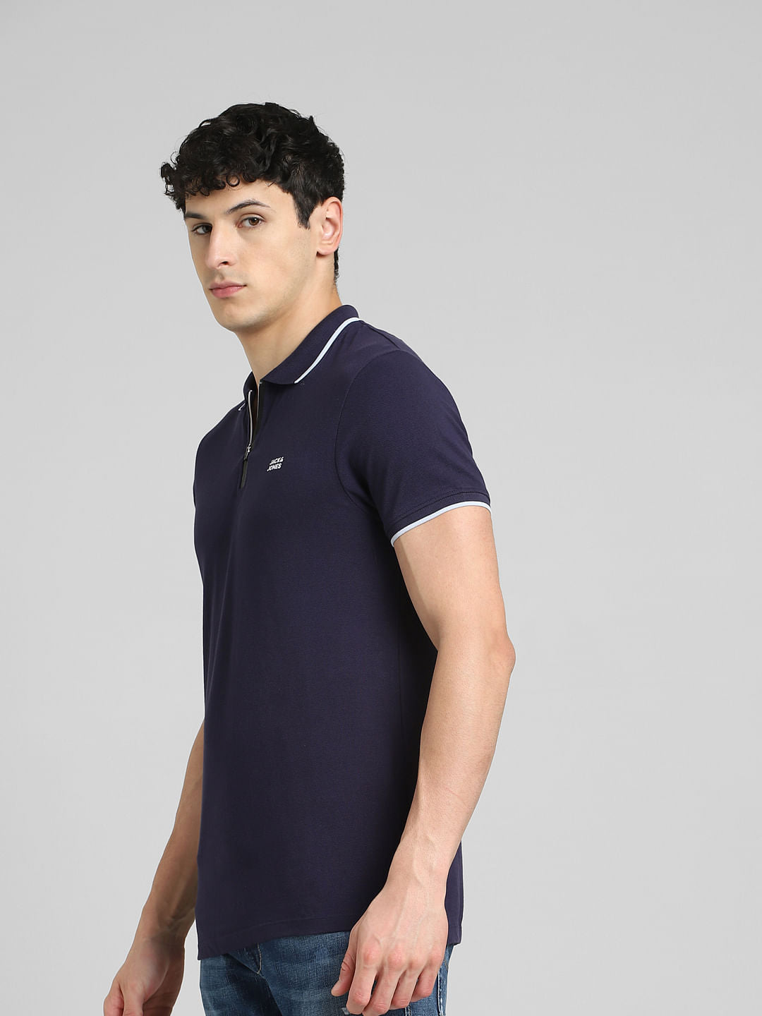 Blue Front Zip Polo Neck T-shirt