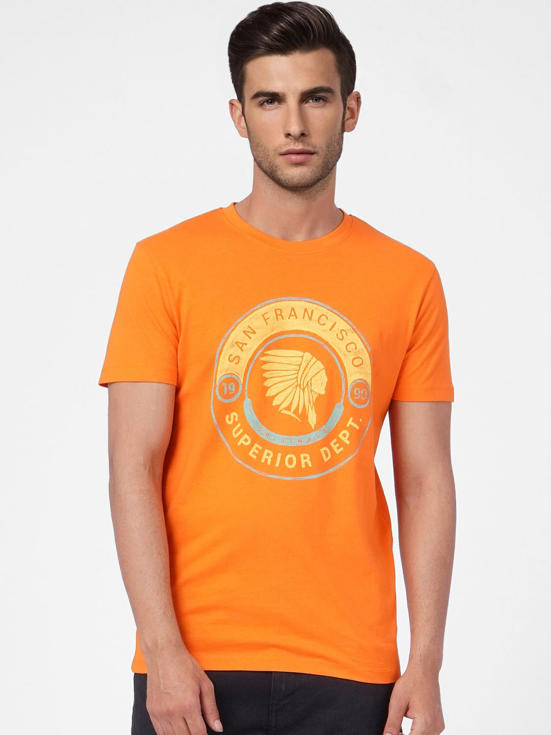 Orange Graphic Print Crew Neck T-shirt