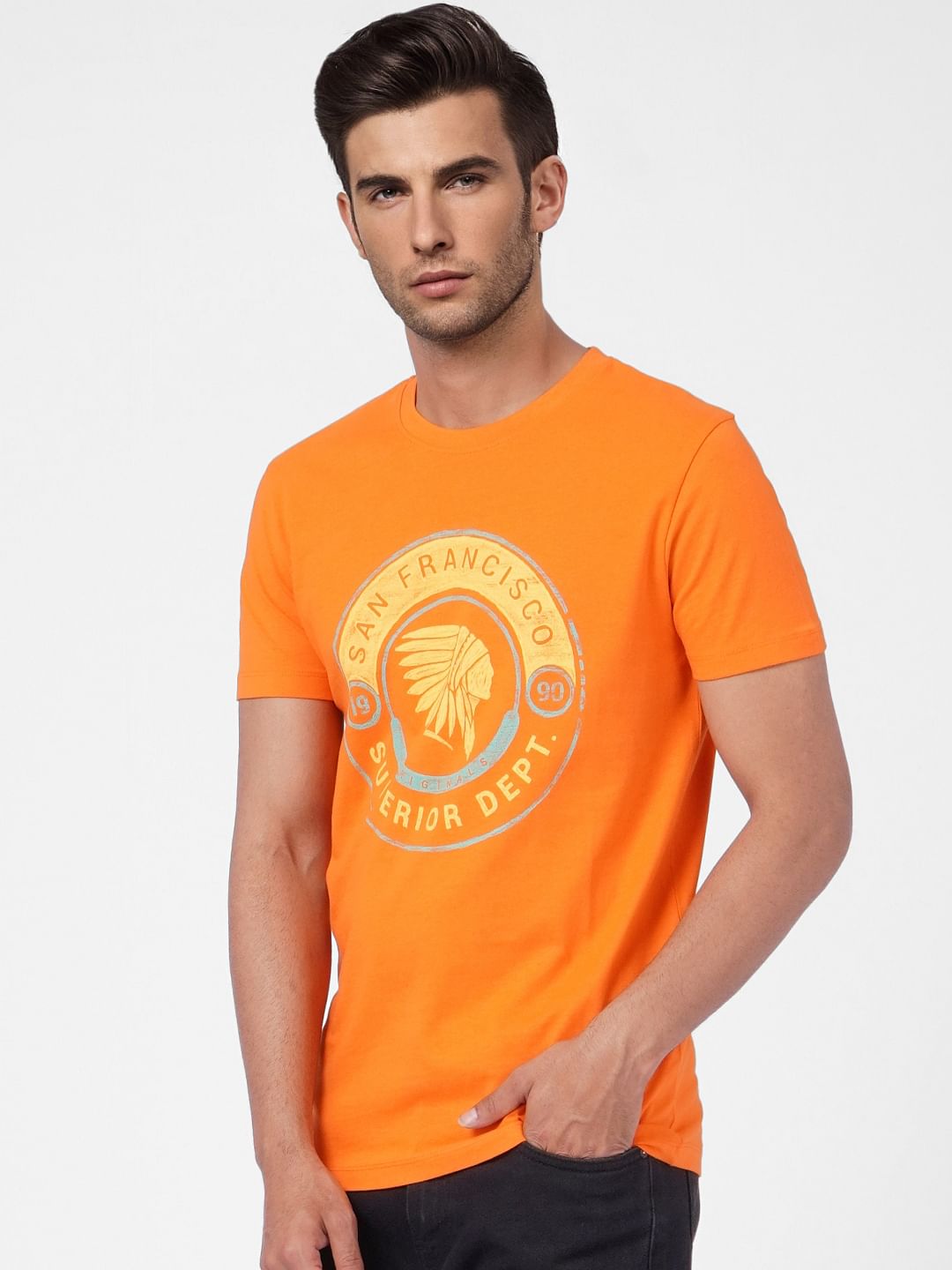 Orange Graphic Print Crew Neck T-shirt
