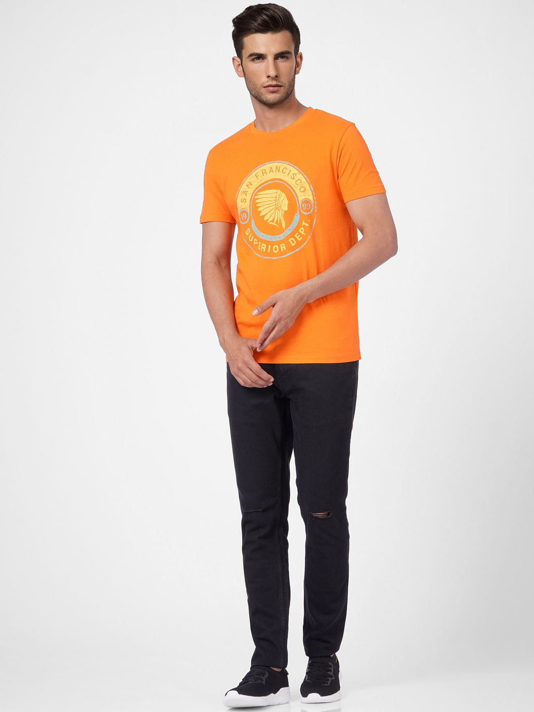 Orange Graphic Print Crew Neck T-shirt