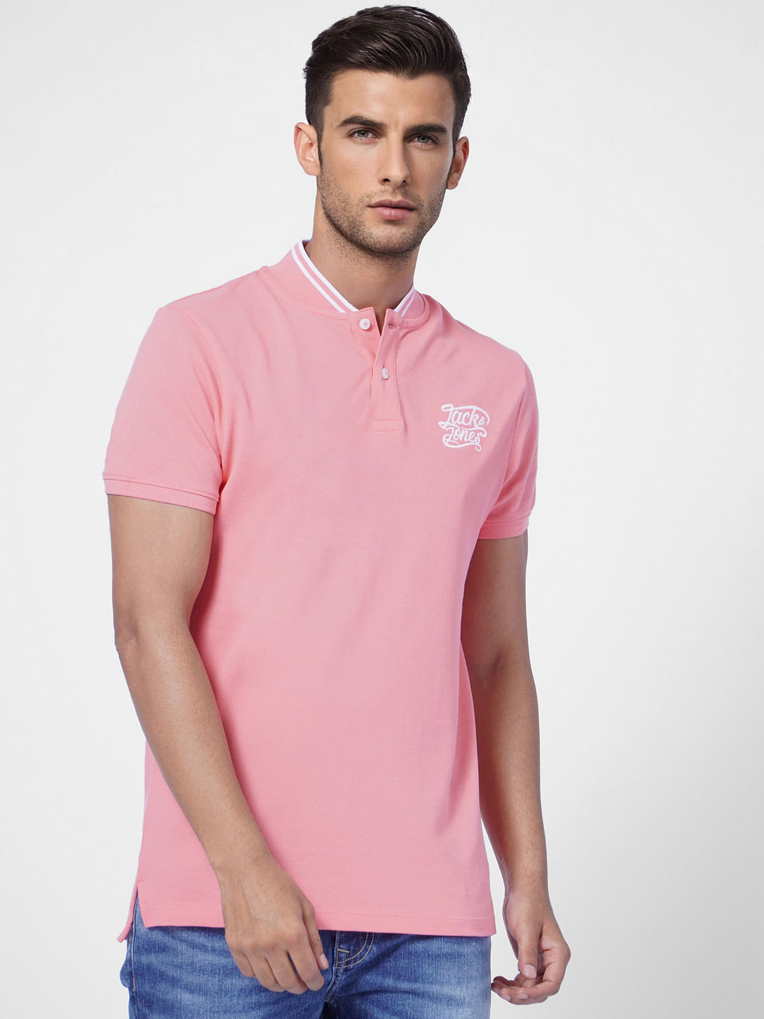 Pink Logo Print Polo Neck T-shirt