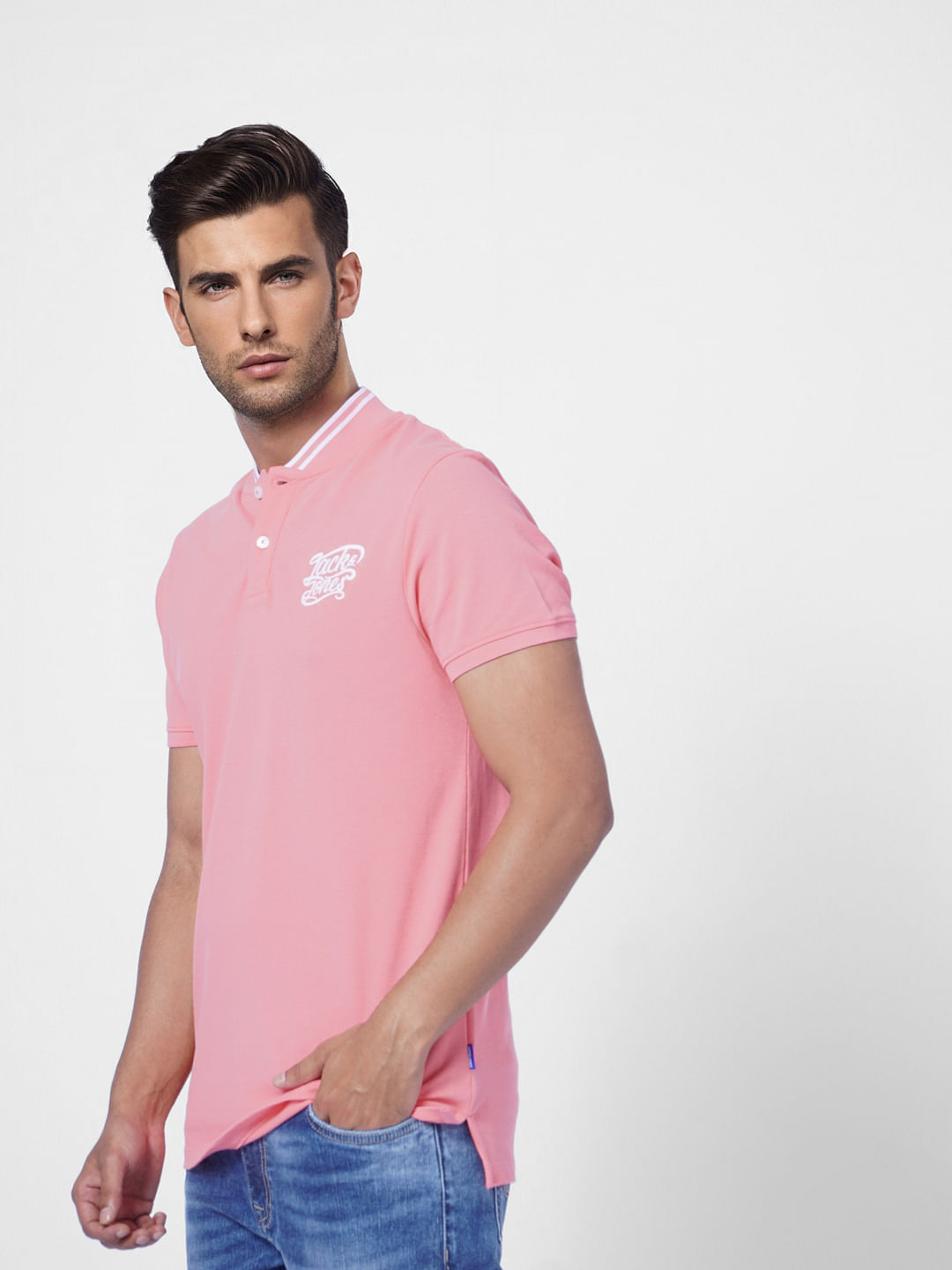 Pink Logo Print Polo Neck T-shirt