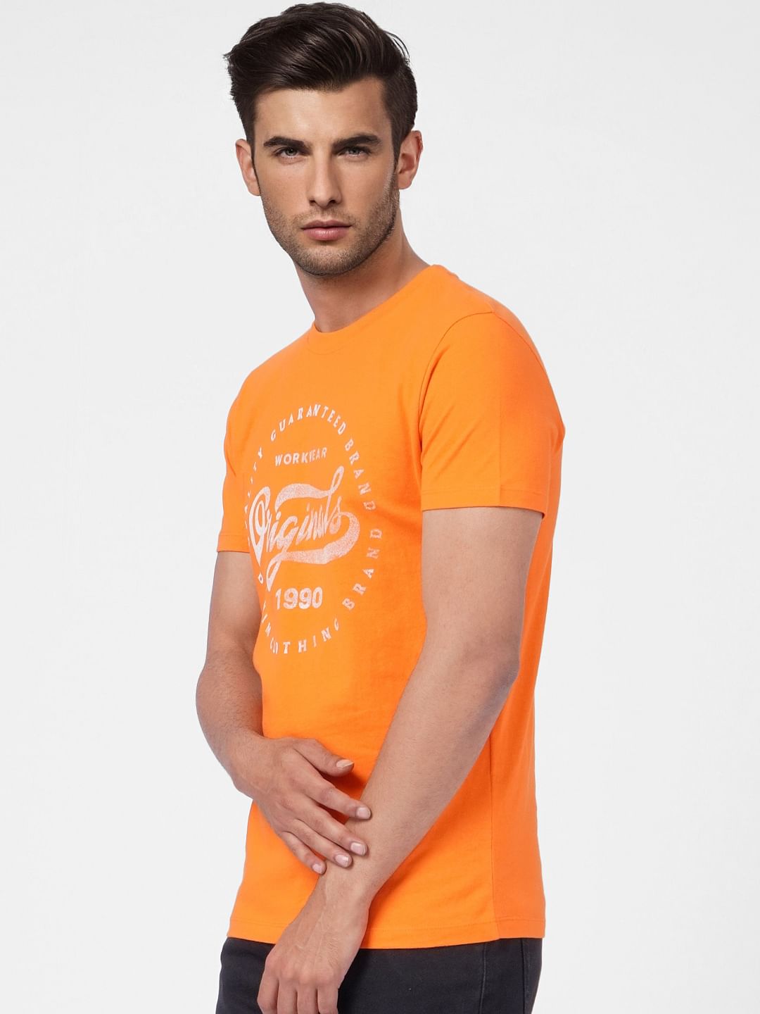 Orange Graphic Print Crew Neck T-shirt
