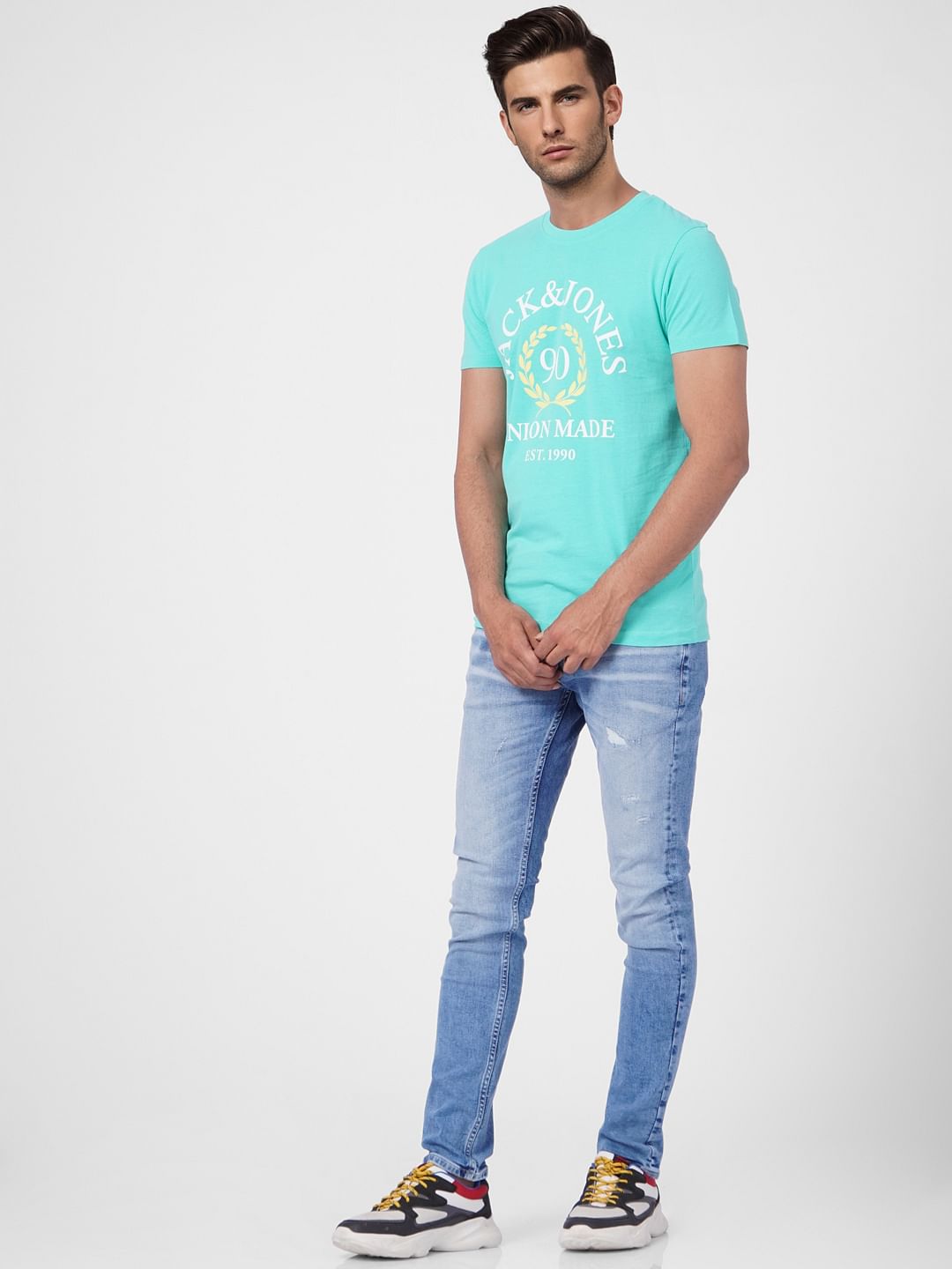 Turquoise Blue Graphic Print Crew Neck T-shirt