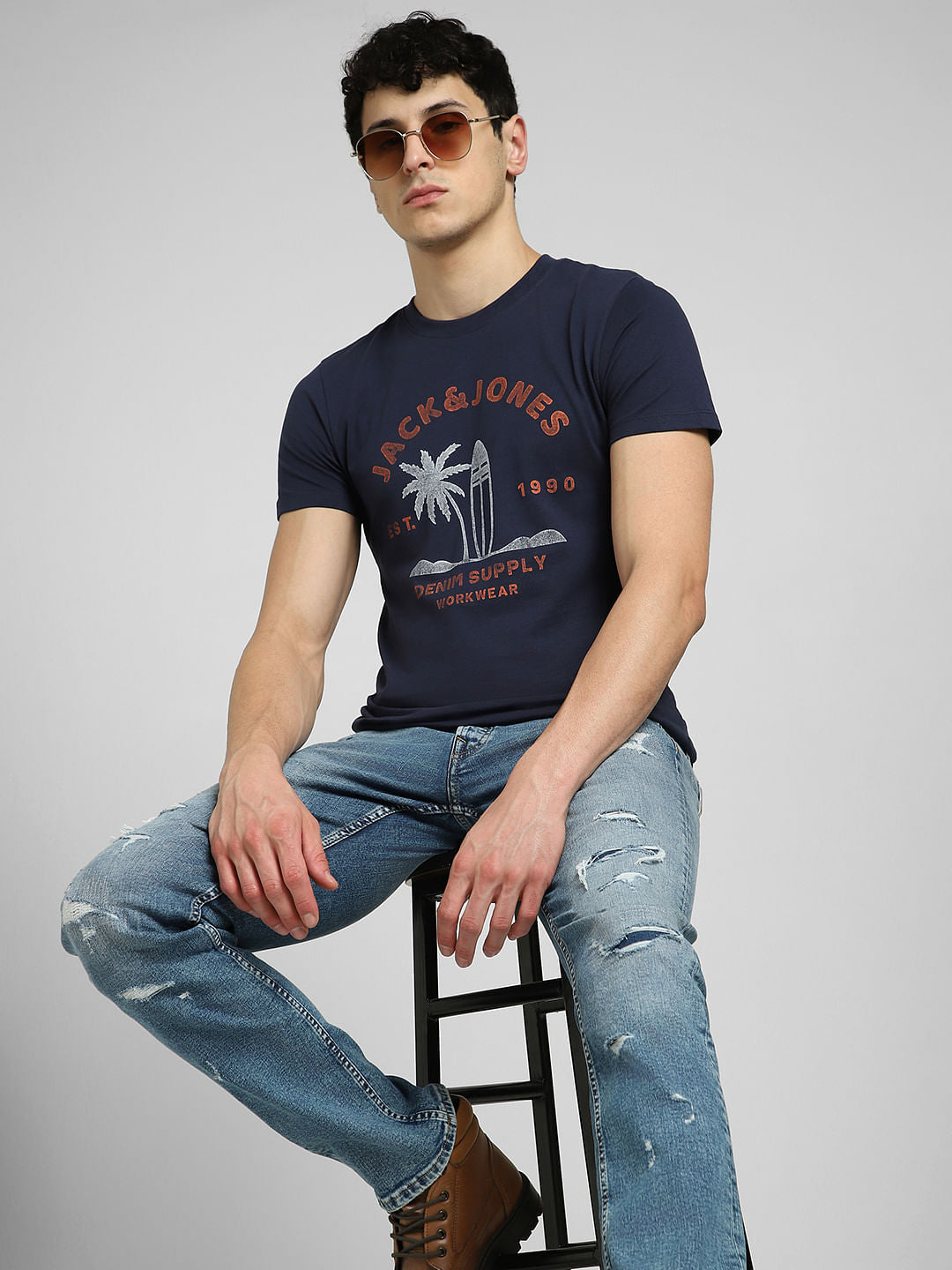 Blue Graphic Print Crew Neck T-shirt