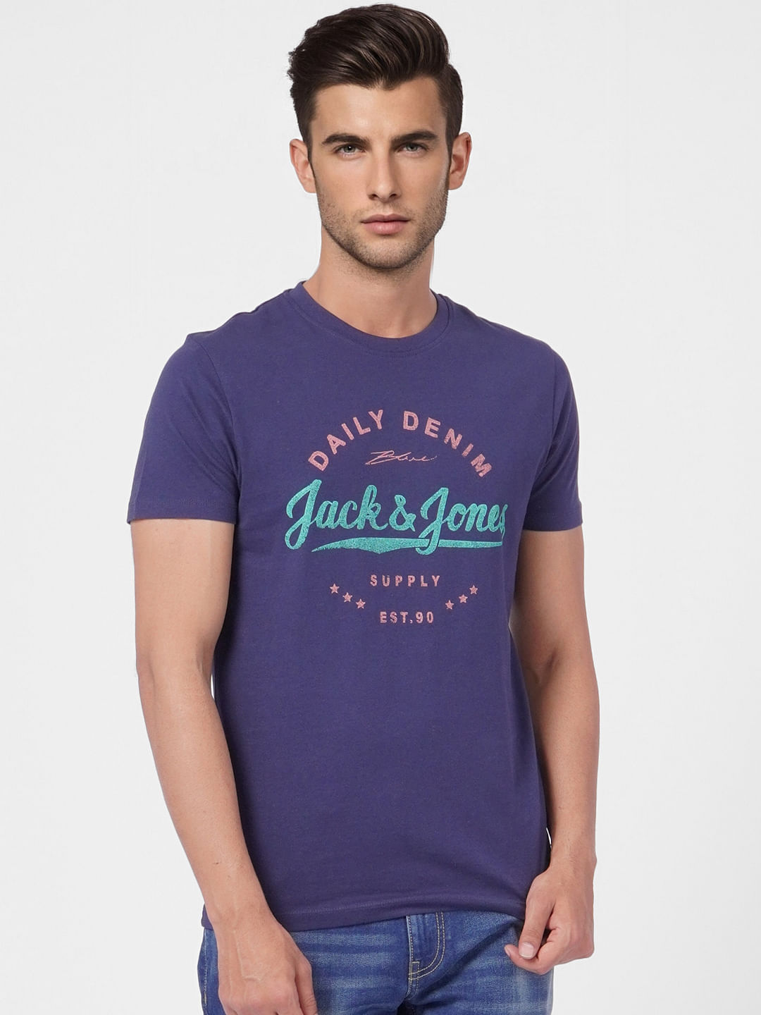 Dark Blue Logo Print Crew Neck T-shirt