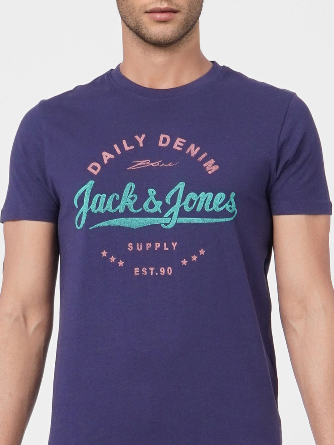 Dark Blue Logo Print Crew Neck T-shirt