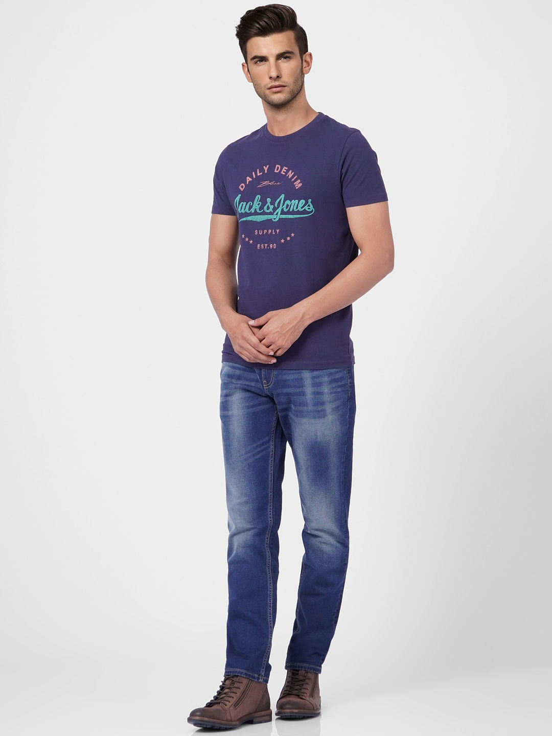 Dark Blue Logo Print Crew Neck T-shirt
