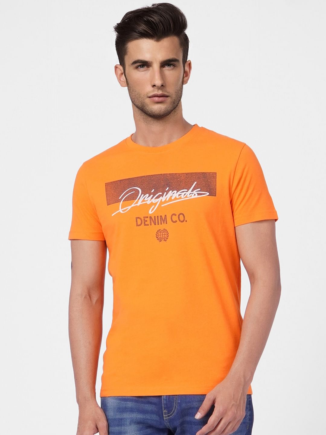 Orange Logo Print Crew Neck T-shirt