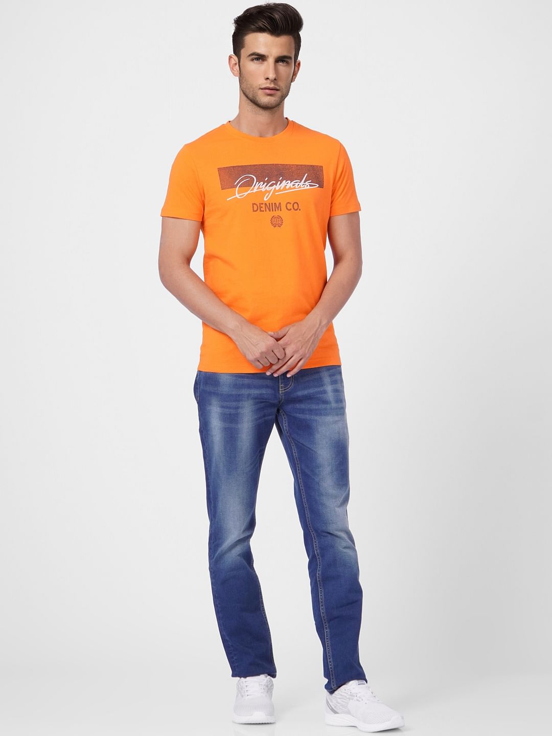 Orange Logo Print Crew Neck T-shirt