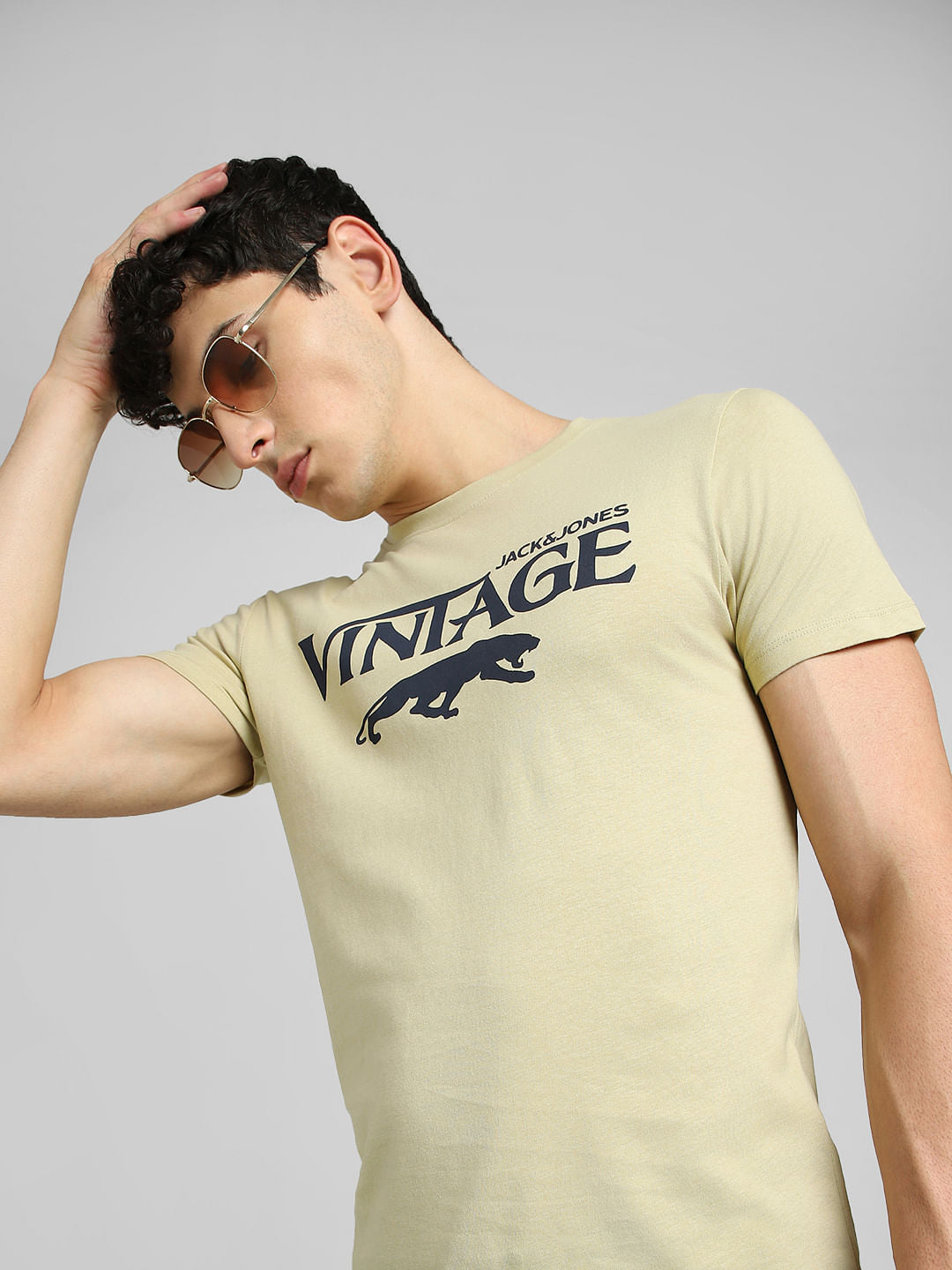 Beige Graphic Print Crew Neck T-shirt