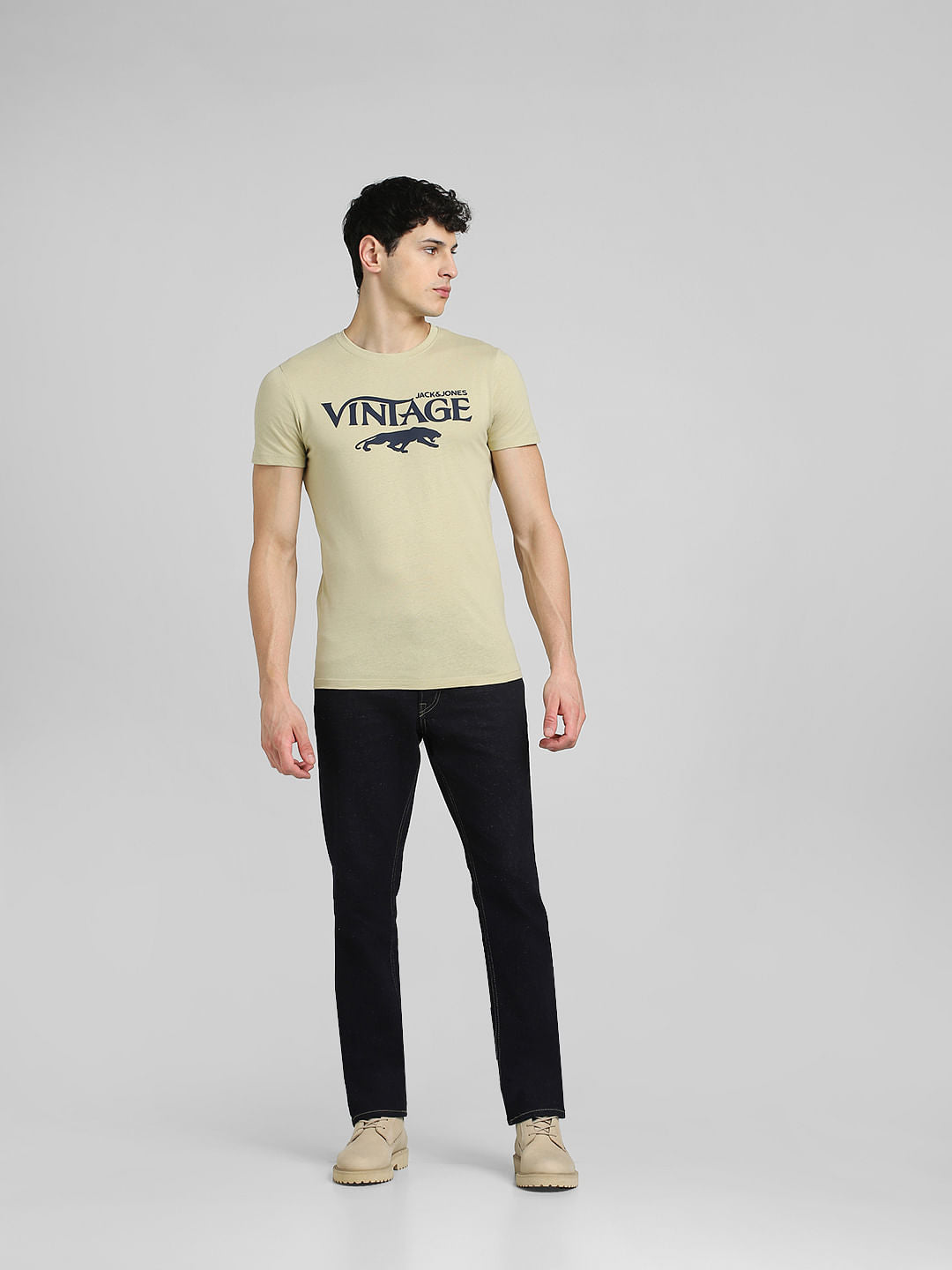 Beige Graphic Print Crew Neck T-shirt