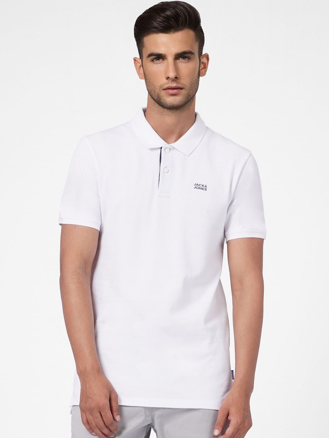 White Logo Print Polo Neck T-shirt