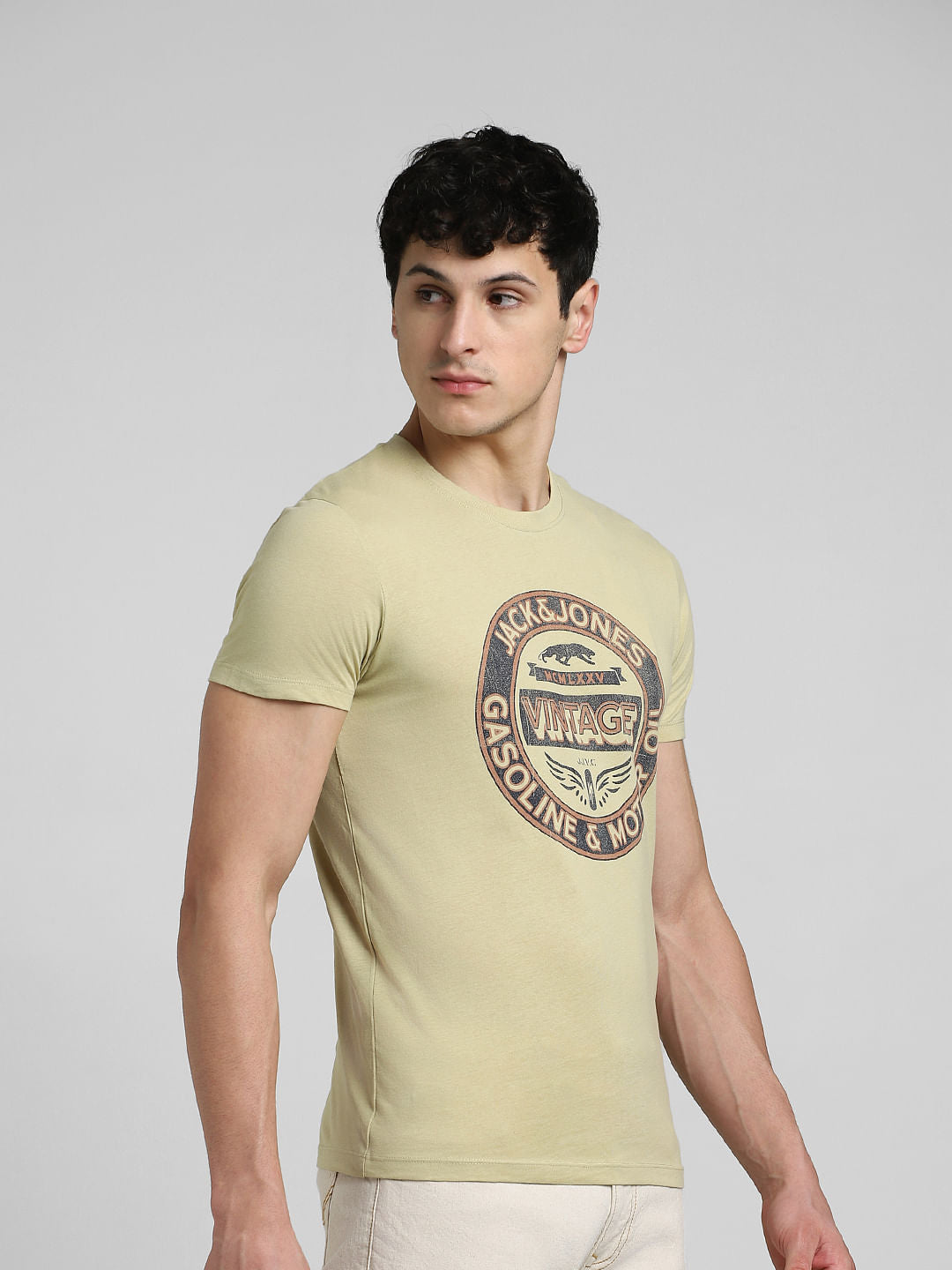 Light Beige Graphic Print Crew Neck T-shirt