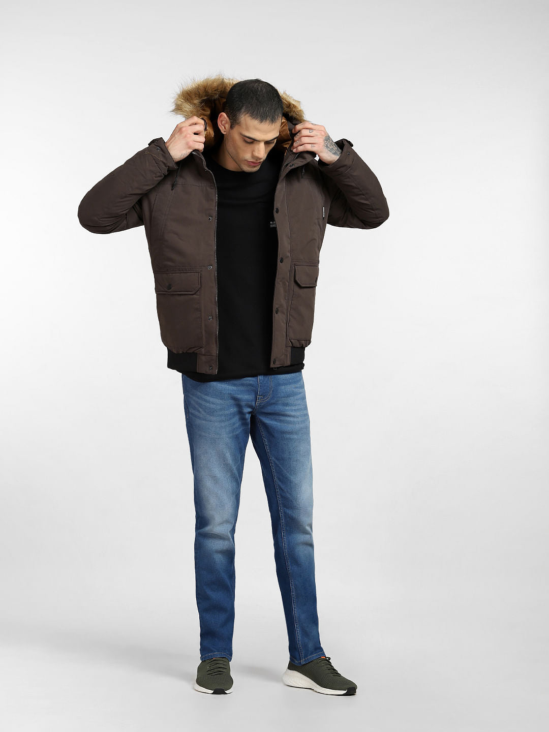 Dark Brown Fur Hood Casual Jacket
