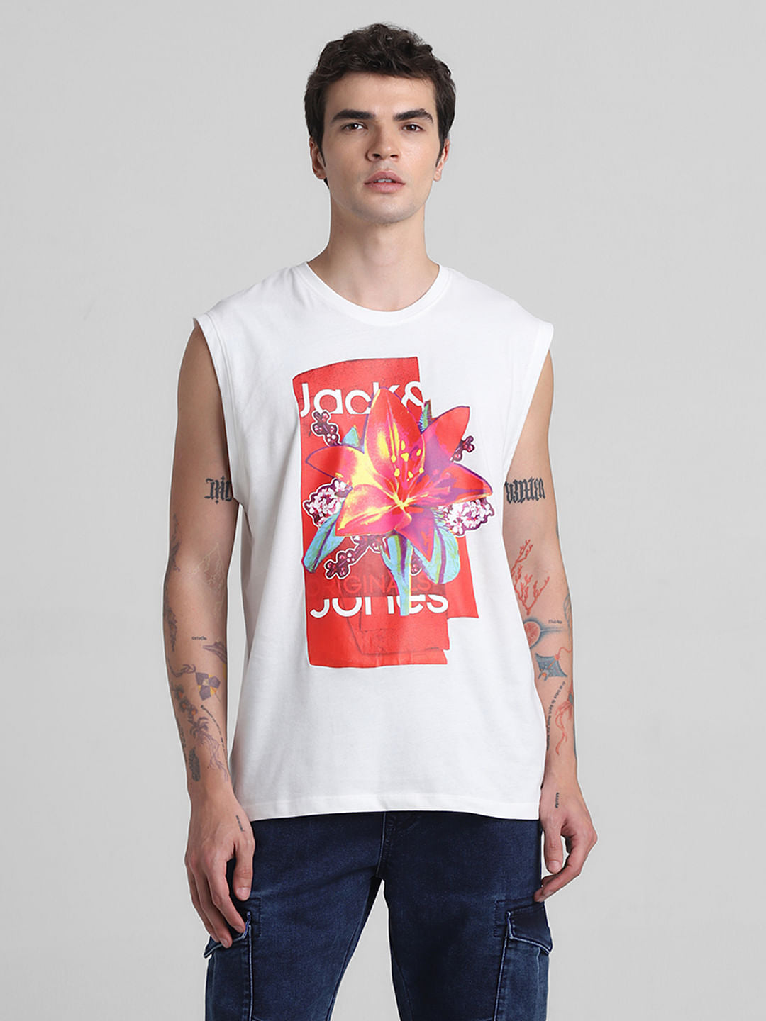 White Printed Sleeveless T-shirt