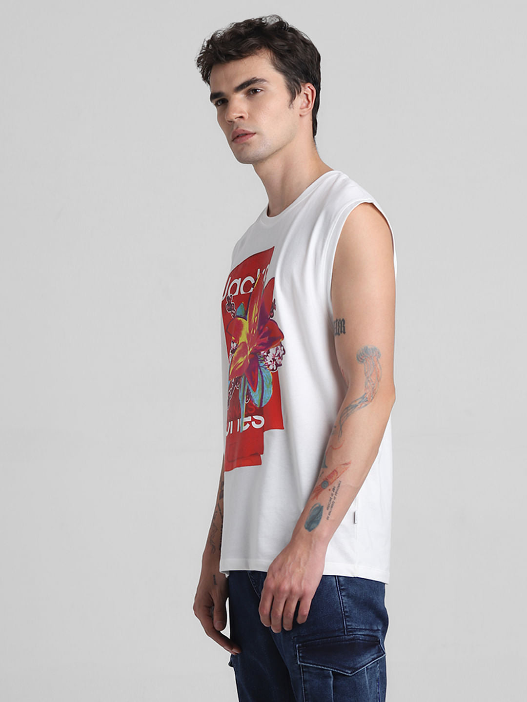 White Printed Sleeveless T-shirt